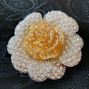 2 Inch Gold and Silver Floral Statement Brooch with All Over Crystal Accents